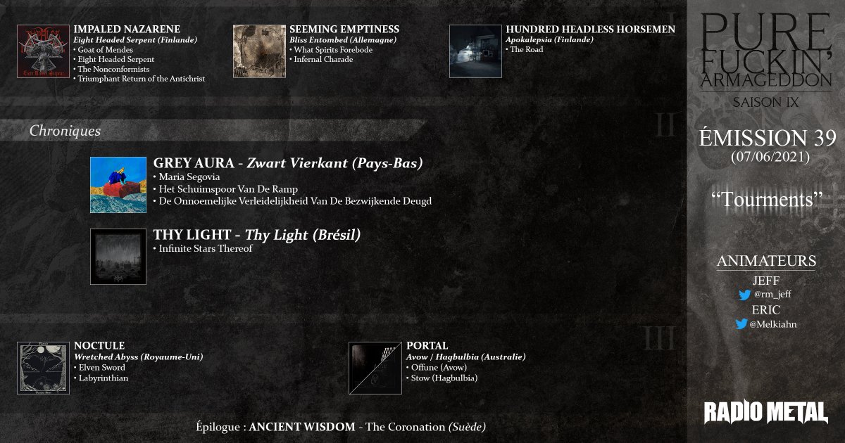 rm_jeff's tweet photo. #RMPFA S09E39 - Emission diffusée le 7 juin 2021
🗣️ Chroniques de Grey Aura et Thy Light
🎶 Dans la playlist : @NoctuleBand, Seeming Emptiness, Impaled Nazarene, Portal, Hundred Headless Horsemen, Ancient Wisdom
▶️ Podcast : https://t.co/IAgLllYdsN
👉 https://t.co/BwLC1JVSa9 https://t.co/bswM2l3JPe