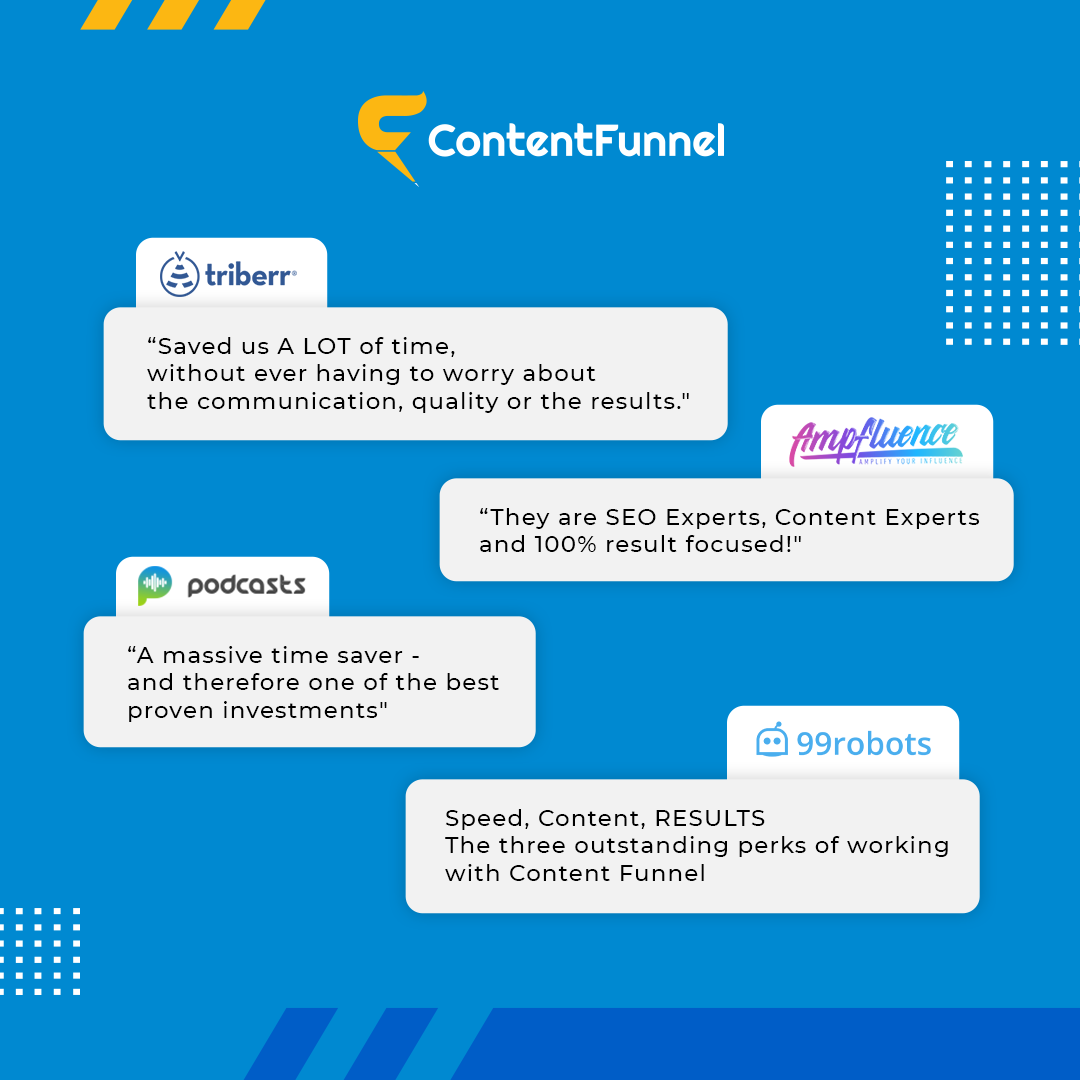 Our clients love Content Funnel because we don't just write great content. Instead, we focus on crafting content that drives traffic and increases conversions. 

Experience the joy of high-converting content by visiting ContentFunnel.com 

#contentmarketing #funnels