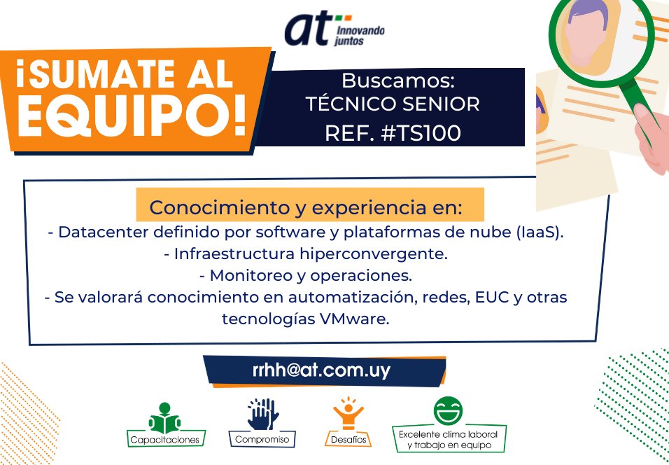 AT_Uruguay's tweet photo. 📣¡Llamado laboral!

🔎Buscamos Técnico Senior
Envianos tu CV a rrhh@at.com.uy

¡Te estamos esperando! ☺ https://t.co/LbhgqE3D9R
