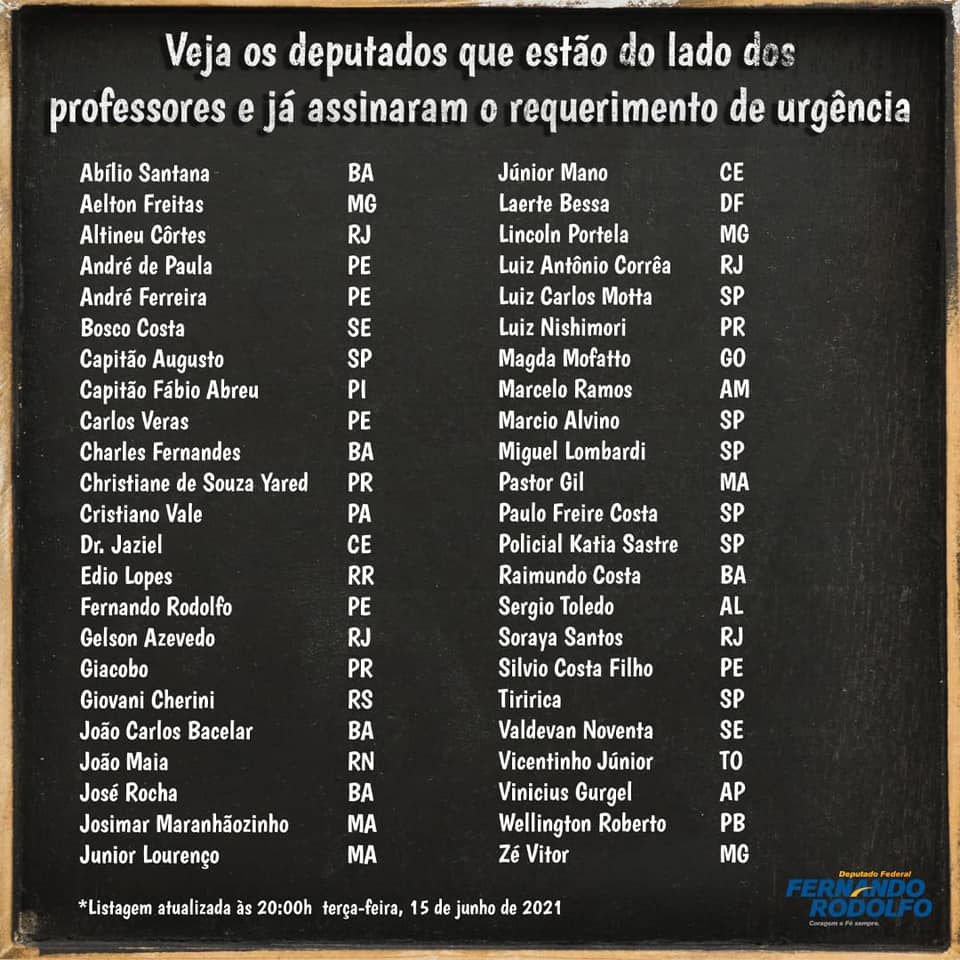 O PL 2170/2021 precisa ser pautado com urgência. Professores, é o direito de vocês que está em jogo. Peça aos deputados federais do seu estado para assinar esse pedido. Basta enviar o texto abaixo pra ele: