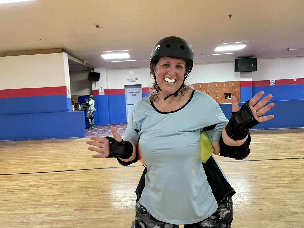 Practice last night was amazing! And Whiskey was given new inspiration to keep her arms tucked! 😆 Find the cones she’s smuggling! #rollerderby #derbylife #practice #funtimes #derbygirl #skatelove