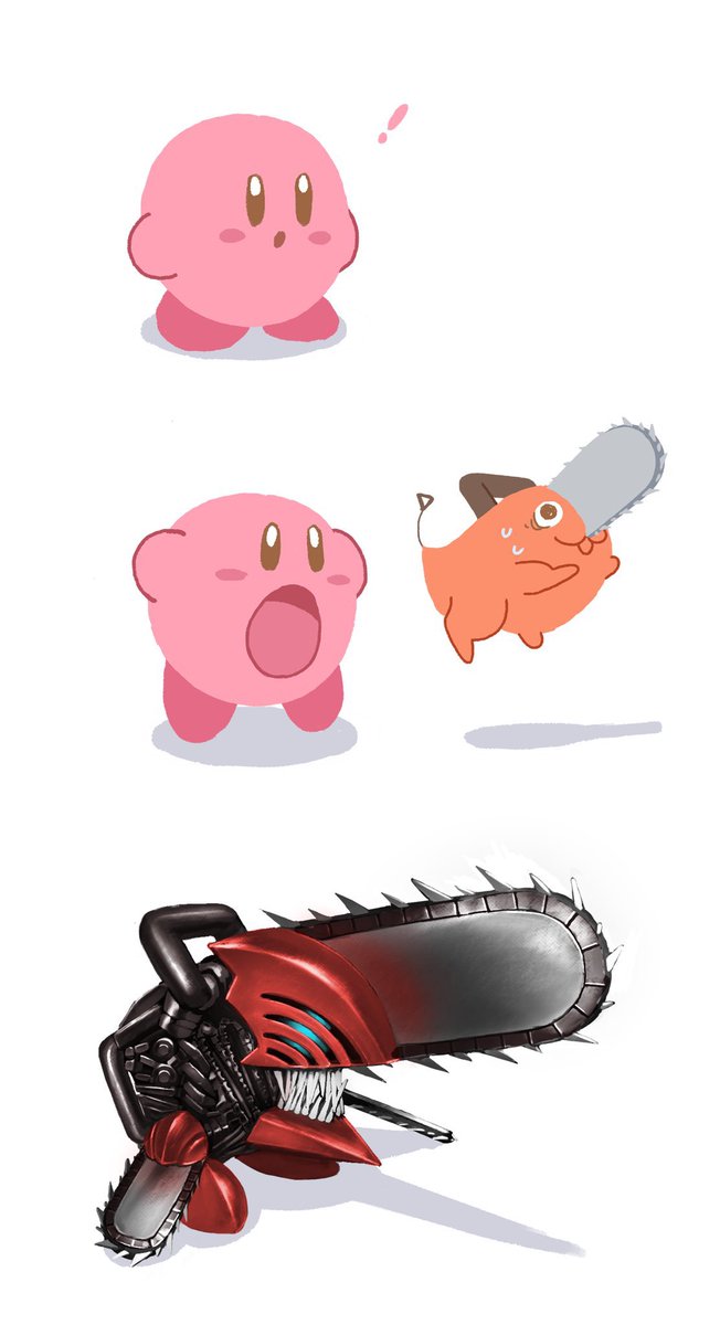 kirby ,pochita (chainsaw man) chainsaw white background simple background open mouth crossover ! no humans  illustration images