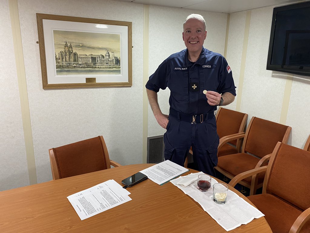 Weekly Holy Communion on RFA Fort Victoria, being conducted by RFA Chaplain Andrew Corness. (Previously Chaplaincy Team leader at HMS Raleigh). @JustinWelby Archbishop of Canterbury. @of_fleet @RFAHeadquarters @RoyalNavy #Communion #faith #goodtotalk