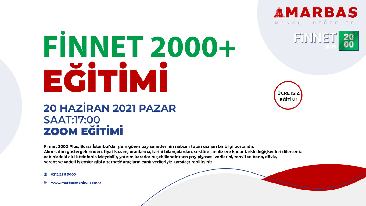 MARBAS_MENKUL's tweet photo. Borsa İstanbul’da işlem gören pay senetlerinin nabzını tutan uzman bir bilgi portalı Finnet 2000+ kullanım eğitimi 20 Haziran Pazar Saat 17:00'da Zoom üzerinde gerçekleşecektir.
Ayrıntılı Bilgi ve Kayıt Olmak İçin : https://t.co/uvKjjKRVO4 https://t.co/K0X83WMEyy