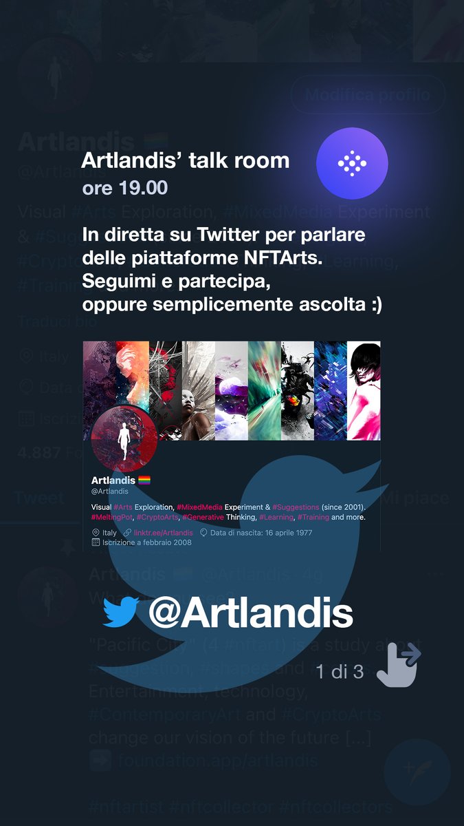 Artlandis's tweet photo. Alle 19.00 qui su #Twitter vi aspettiamo per la consueta chiacchierata dedicata alle #NFTarts 🙂
Oggi racconterò la mia strategia personale e suggerimenti utili a sviluppare la rete di contatti internazionali.
#Guida #NFTartists #nftcollectors #NFTcollectibles #Live #TwitterSpace https://t.co/Ist2zuANeT
