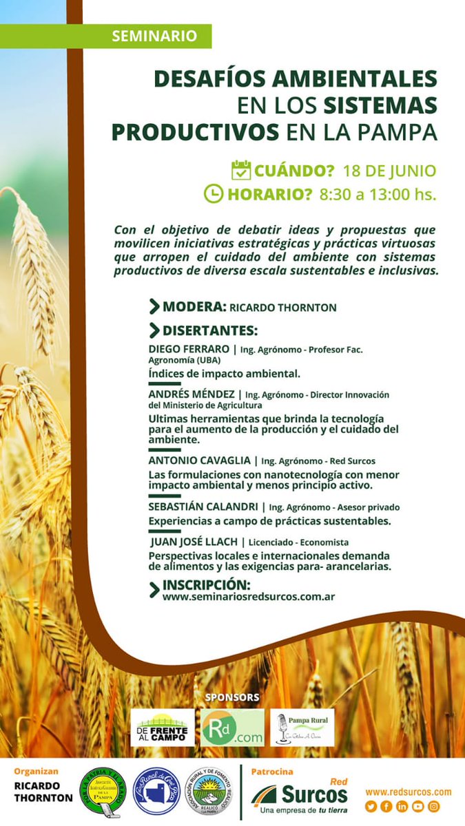 #CampoYAmbiente 💚🌍🚜🌱

Imperdible Evento organizado por las Rurales Pampeanas <a href="/AagPampa/">AAGLaPampa</a> <a href="/socruralgp/">Sociedad Rural Pico</a> y <a href="/RRealico/">Rural Realico</a> 🙌🏼

👉🏼 Desafíos Ambientales en los Sistemas Productivos en La Pampa 

📅 18 de Junio
⏰ 8.30 hs.
✍🏻 seminariosredsurcos.com.ar