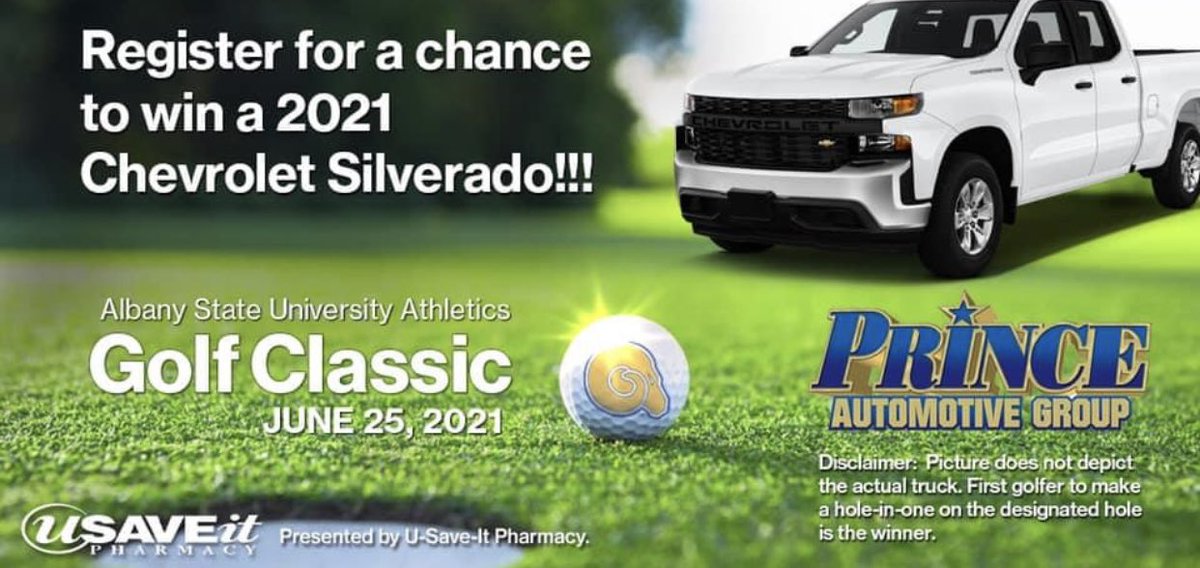 AlbanyStateUniv's tweet photo. Prince Automotive of Albany is sponsoring the Par 3 hole-in-one for the #AlbanyState Athletics Golf Classic on June 25. The first golfer to make a hole-in-one will win a 2021 Chevrolet Silverado! Haven’t signed up your 4-person scramble team?
Register: https://t.co/B7u60cXMgD https://t.co/1tf9BgJ64N