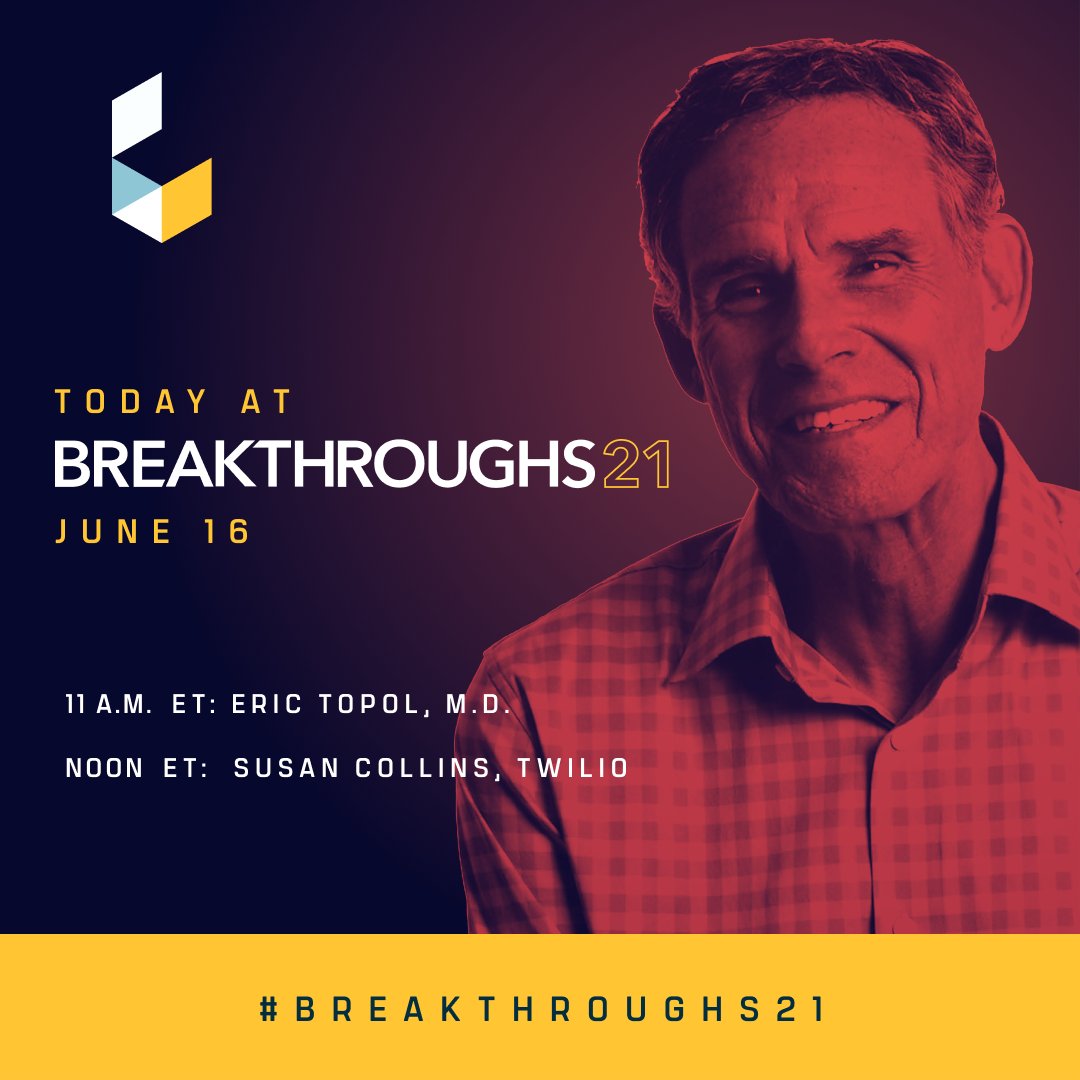 AlkirePremier's tweet photo. Today’s afternoon #Breakthroughs21 sessions with @EricTopol & Susan Collins really dive deep into this new #digitalhealth age. Can #AI really make healthcare "human" again? What will patient engagement in the new digital health environment look like? Tune in starting at 11 a.m. https://t.co/sD9dOJjp7Y