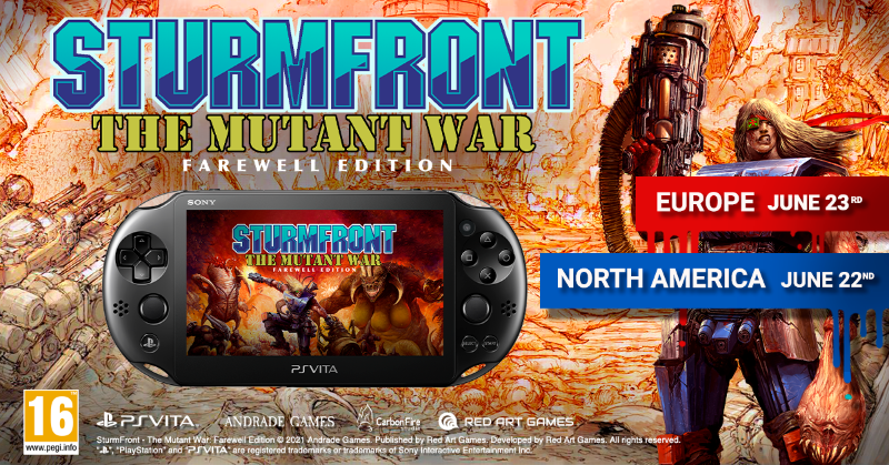 RedArtGames's tweet photo. [UPDATE]

Contrary to what has been announced previously, #Sturmfront - The Mutant War: Farewell Edition on #PSVita will be released on June 23 in Europe!

The game will also launch on #PlayStationVita 🏝 in North America on June 22!
 
#VitaIsland | @SturmFrontGame @Andrade_Games https://t.co/xejAqtC52v