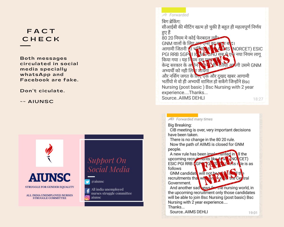 JWC_Nursing's tweet photo. Some messages are circulating in social media that claim No change in 80:20 and GNM Candidate are not allowed in NORCET, ESIC, PGI, RRB, SGPGI and BHU in upcoming vacancy is totally fake. 
Don't circulate this messages. 
#Justice4malenurses 
@vikash_dukiya @NDV029 
@jodhraj09 https://t.co/73QhbfHpsT