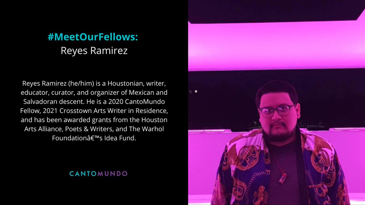 #MeetOurFellows: Reyes Ramirez <a href="/y_si_rey_quiere/">Reyes *HOUSTON POET LAUREATE* Ramirez</a> is a 2021 Crosstown Arts Writer in Residence, and has been awarded grants from the Houston Arts Alliance, Poets &amp; Writers, and The Warhol Foundation’s Idea Fund. Read his work at reyesvramirez.com #CantoMundo #Poetry