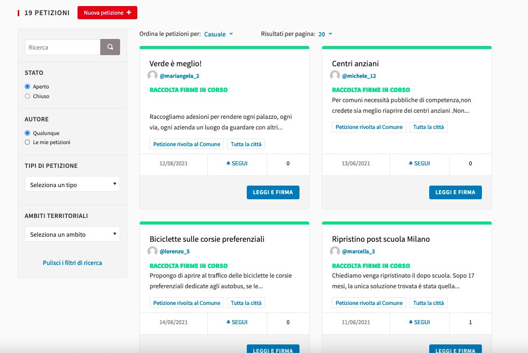 Raccolta firme online in corso sulle prime 19 petizioni rivolte al <a href="/ComuneMI/">Comune di Milano</a> attraverso la piattaforma #MilanoPartecipa
Qui per sostenerle o proporne di nuove
partecipazione.comune.milano.it/initiatives