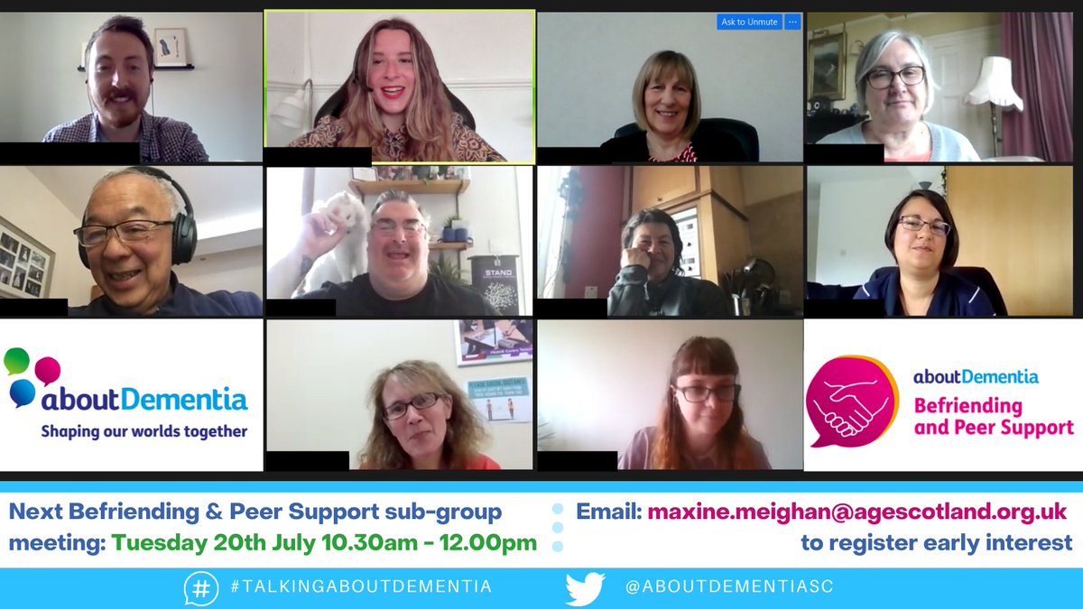 About Dementia (@aboutdementiasc) on Twitter photo Cheesy grins at our Befriending & Peer Support meeting yesterday. But we can't take all the credit - spot the cat!🐈
Massive thanks to all attendees. Join us in #TalkingAboutDementia for our next meeting on July 20th. Just email maxine.meighan@agescotland.org.uk #dementia #zoom Cheesy grins at our Befriending & Peer Support meeting yesterday. But we can't take all the credit - spot the cat!🐈
Massive thanks to all attendees. Join us in #TalkingAboutDementia for our next meeting on July 20th. Just email maxine.meighan@agescotland.org.uk #dementia #zoom