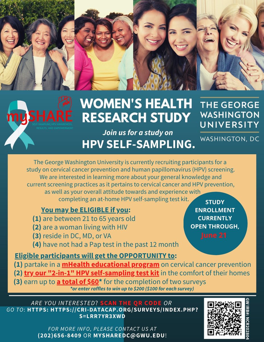 MySHAREstudy's tweet photo. We are looking for women 21+,living with #HIV, located in #DC #MD or #VA to complete surveys about HPV and the opportunity to try the HPV self-sampling kit! ENROLL BY JUNE 21! Enrollment incentive by MySHARE! Visit https://t.co/PEVpDqHtQT to complete the survey! https://t.co/89obl721tP