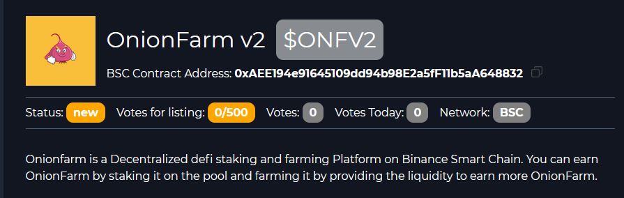 DEAR $ONF COMMUNITY 😘

VOTE YOUR FAVOURITE $ONFv2 TOKEN

Votes for listing 🔘 coinsniper.net/coin/3741

#onionfarm #ONFv2 #BSC #vote #coinsniper
