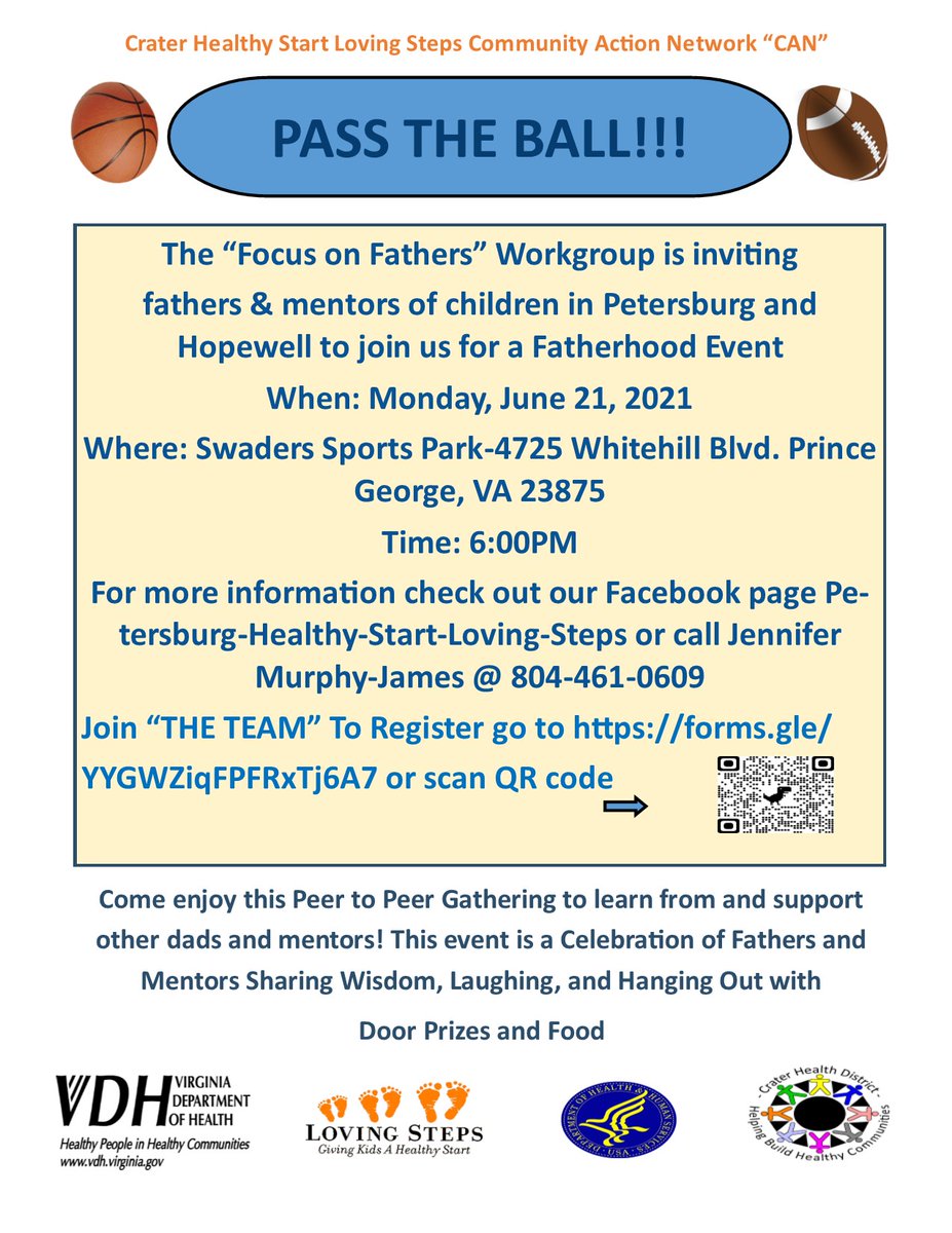 communitykate's tweet photo. "Focus on Fathers" Pass the Ball Fatherhood Event happening on June 21 @ 6:00 pm! Swaders Sports Park- 4725 Whitehill Blvd, Prince George, VA 23875.
For more info: Jennifer Murphy-James 804-461-0609. https://t.co/bniQDW9Ndd