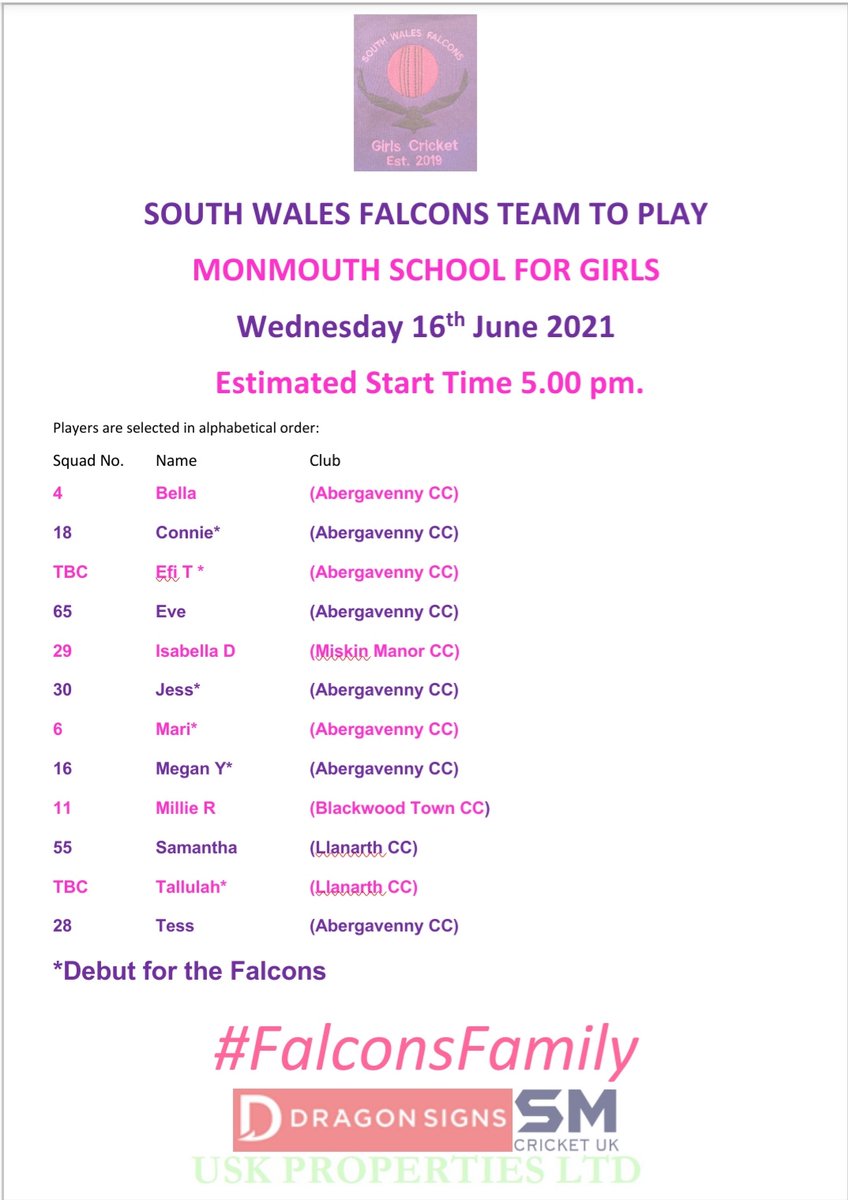 Team news!! <a href="/SWFalcons2019/">South Wales Falcons Girls Cricket Team</a>  to play <a href="/MonGirlsSport/">MonGirlsSport</a> this evening. Girls from <a href="/AbergavennyCC/">AbergavennyCC 🏏🏏🏏</a> , <a href="/BlackwoodCC/">Blackwood Town CC 🏏</a> , <a href="/LlanarthCC/">Llanarth CC 🌳</a> and <a href="/MiskinManorCC/">Miskin Manor Cricket Club</a> playing for the Falcons this evening.

Six debuts for the Falcons. Welcome to the Falcons Family. #falconsfamily #WBCM <a href="/cricketwales_wg/">Glamorgan Women & Girls</a>