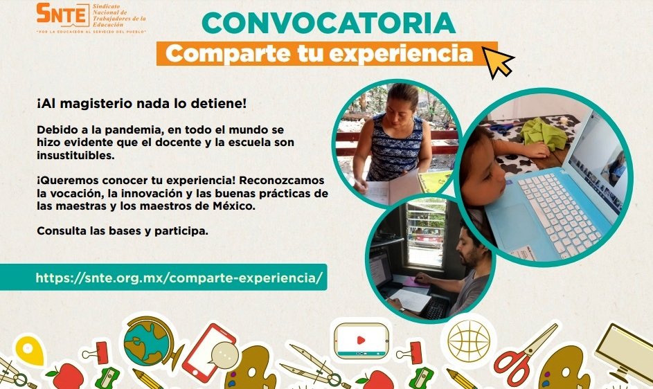 #TodosSomosUno 🙋‍♀️🙋
#NosVemosEnLaEscuela 🏤

🟠 Ante el confinamiento 🧍🏡 por #COVID19 🦠 los maestros han demostrado que nada los detiene al innovar en sus clases en línea 🧑‍💻🔛👩‍🏫Hoy el #SNTE 🍎📚 te invita a contar tu experiencia ✅

👉Convocatoria 👇
snte.org.mx/comparte-exper…