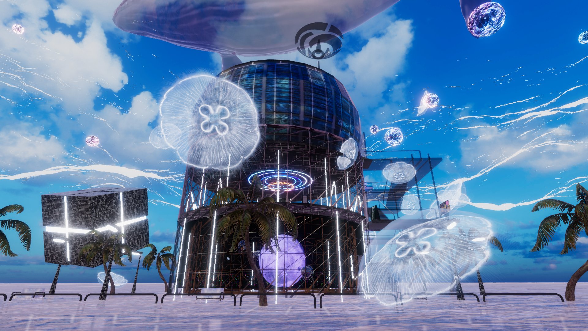 Charlotte シャル Vrchat 新作 Charlotte S Secret Base 昔見た米国の某宇宙センターや近郊の空港のレストラン 他にラッセンやルドンやマグリットの絵画etc 色々なものに影響されています 好きなもの全盛り 大好きなクラゲ 鯨さんも再々登場