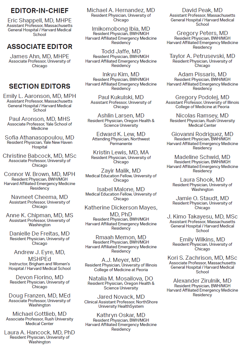 Thank you to the EM Fundamentals team from around the country for making this resource possible!

<a href="/ahnjam/">James Ahn MD, MHPE (he/him)</a> <a href="/AaronsonMD/">Emily Aaronson</a> <a href="/GrigoriaSofia/">Sofia_Grigoria</a> <a href="/cbabs4/">Chrissy Babcock</a> <a href="/AndrewEyreMD/">Andrew Eyre</a> <a href="/DFranzen119/">Doug Franzen</a> <a href="/MGottliebMD/">Michael Gottlieb</a> <a href="/mdez1026/">Michael A. Hernandez, MD</a> <a href="/Mickbong/">Imikomobong (Micky) Ibia</a> <a href="/tjaffe/">Todd Jaffe</a> <a href="/elewMD/">edward lew</a> <a href="/KristinLewis214/">Kristin Lewis, MD, MA (she/her)</a> @zayirmalik <a href="/EMDocinTraining/">Katie Dickerson Mayes</a> <a href="/RmaahMemon/">Rmaah Memon, MD</a>