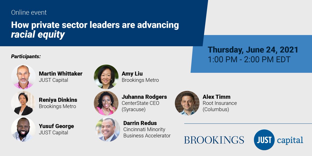 Tune in June 24 to learn how private sector leaders are integrating equity into their business strategies. @justcapital_and <a href="/BrookingsMetro/">Brookings Metro</a> will showcase examples from <a href="/ScholarJuhanna/">Dr. Juhanna Rogers</a> in Syracuse, <a href="/cincychamber/">Cincinnati Regional Chamber</a> and <a href="/RootInsurance/">Root Insurance</a> in Columbus. Register: bit.ly/34WfQnq
