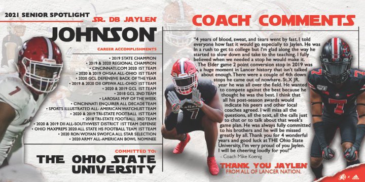LS_LancerFB's tweet photo. Senior Spotlight
SR. DB @JaylenJohnson21
Thank you for 4 wonderful years, and good luck in the future! Go do big things for @OhioStateFB! Fight Adversity and BE GREAT!
#STATEment17 ➡️ #Attack18 ➡️ #NoExcuses ➡️ #WWM https://t.co/yPgRSOyY7h