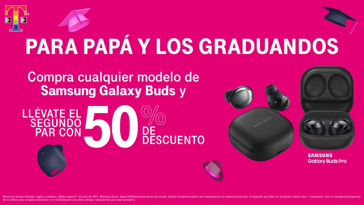 TMobilePR's tweet photo. ¡Celebra los logros de tu graduand@ y a Papá con T-Mobile!💕 Compra cualquier modelo de Samsung Galaxy Buds y llévate el segundo par con 50% de descuento, vía créditos a tu factura. 
✔️Llámanos al 1-800-TMOBILE, con envío y activación gratis, o visítanos: https://t.co/1gSlOFxvVa https://t.co/ALXJTj423h
