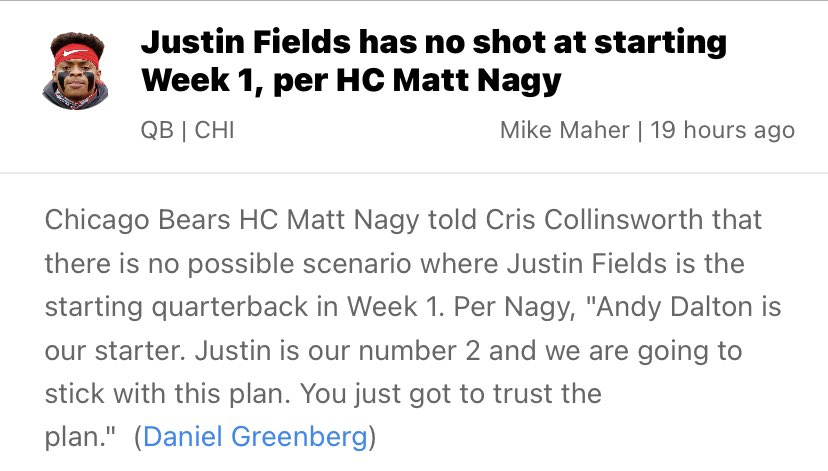 DynastyKicker's tweet photo. @FBInjuryDoc Here’s one for you: don’t draft Justin Fields. He’s probably not even a good QB cause he can’t even beat out Dalton. Just draft somebody else and let Fields fall to me. 😁 https://t.co/FtSmYgV2iq