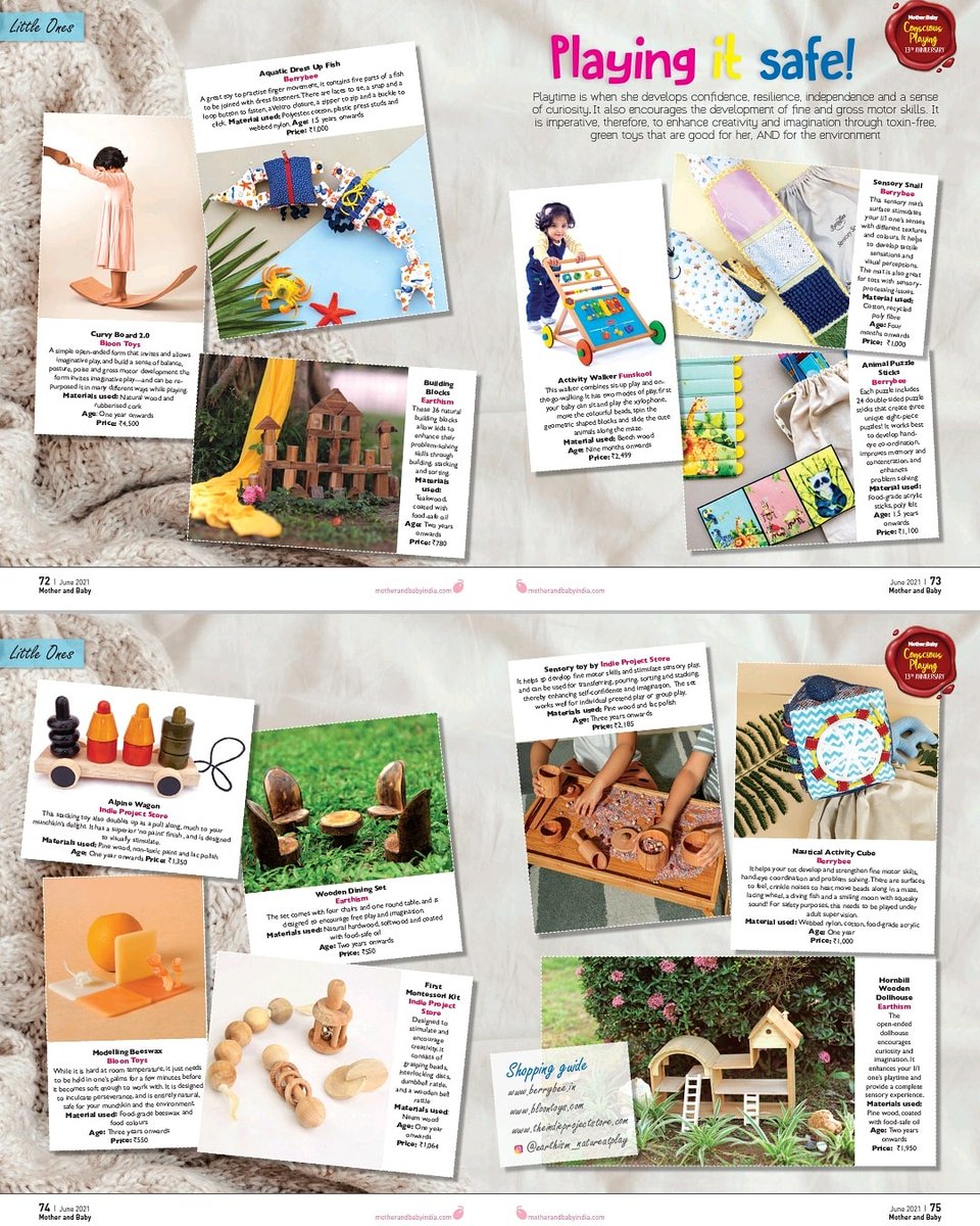 Playing it safe•

Playtime encourages development of fine &amp; gross motor skills. It is imperative, therefore, to enhance creativity &amp; imagination through toxin-free, green toys that are good for her, AND for the environment. Choose from some of our favourites in the June issue.