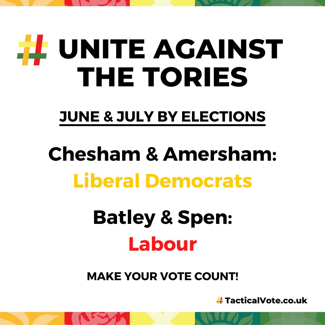 The Liberal Democrats have the best chance of beating the Tories in Chesham &amp; Amersham.

Labour have the best chance of beating the Tories in Batley &amp; Spen.

We can beat them, together. Make your vote count!

💚🤝🌹🤝🔶
#CheshamAndAmersham
#BatleyAndSpen
#TogetherWeCan