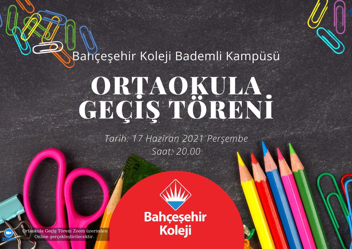 Bahçeşehir Koleji Bademli Kampüsü 4. Sınıf öğrencilerimizin Ortaokula Geçiş Töreni 17 Haziran Perşembe günü 20:00’de online tören ile gerçekleşecektir. 
Velilerimizin katılımını bekliyoruz.