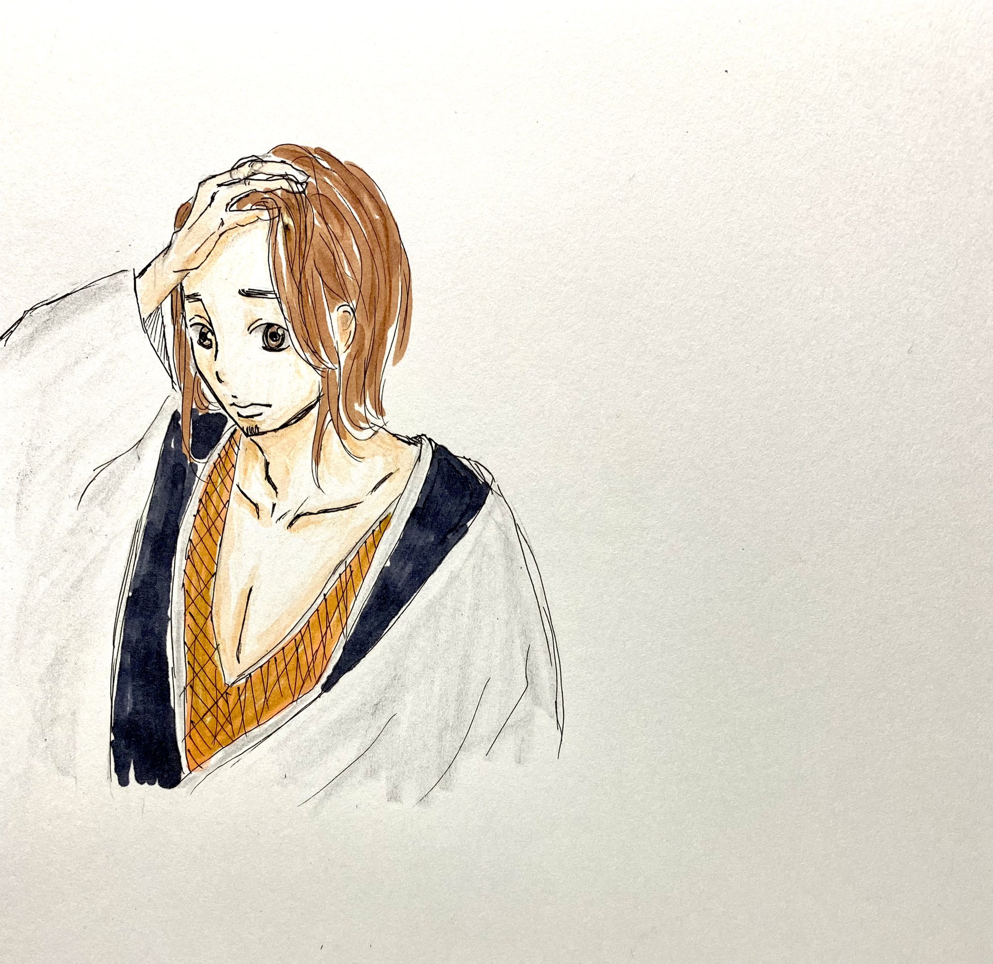 主婦2p 気まぐれ幽霊部員 旭さん 髪をかきあげる 長髪のこの仕草がたまらなく好き 色気担当ではないと思うが 今回は色気をだしてもらいました おやすみなさい 東峰旭 ハイキュー おやすみ前の1枚 アナログ絵 イラスト 髪かきあげるの好き 男の