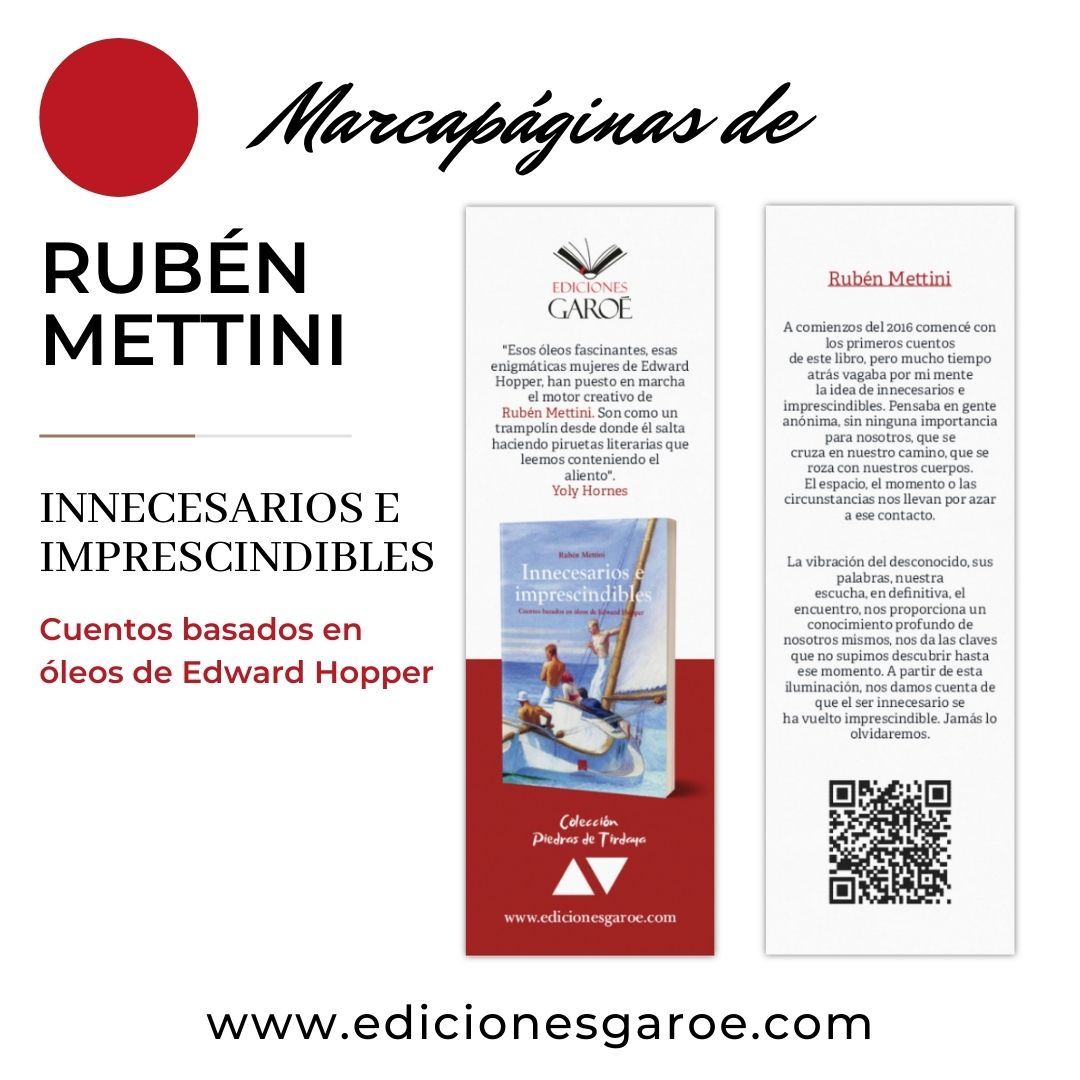 Si eres de los que coleccionas marcapáginas, pronto podrás disfrutar de los pertenecientes a la colección de relatos basados en Óleos de Edward Hopper, Innecesarios e imprescindibles del escritor Rubén Mettini. 
¡Muy pronto! Reserva tu ejemplar en preventa.