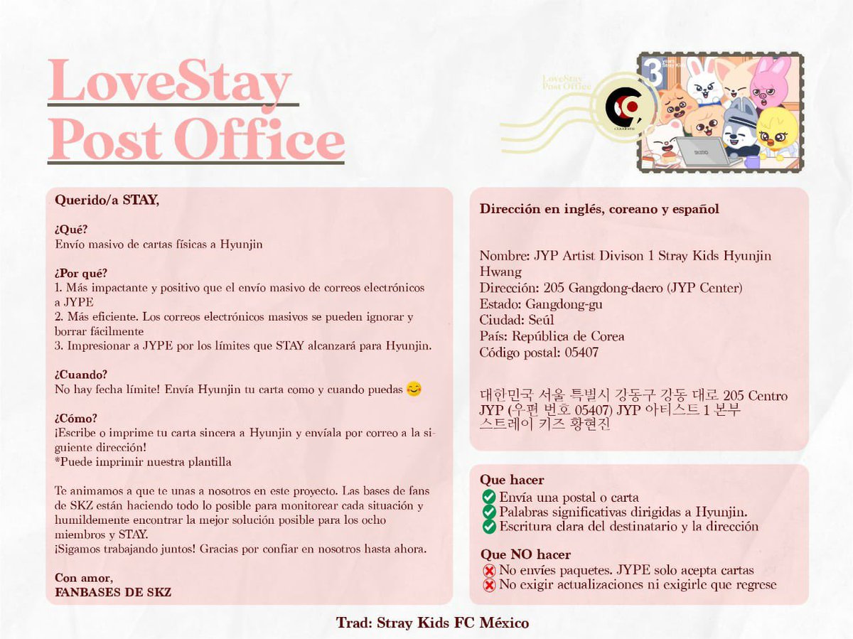 straykidspyo's tweet photo. [LOVESTAY POST OFFICE 💌]

¿Extrañas a Hyunjin? ¡Únetenos, vamos enviar cartas físicas!

Más información abajo⬇️

Periodo: Envíale el correo cuando puedas!

Usa #LoveSTAYMail para mostrar tu participación en este proyecto❤️

#StrayKids #스트레이키즈 
@Stray_Kids https://t.co/zmjlb1yXqU