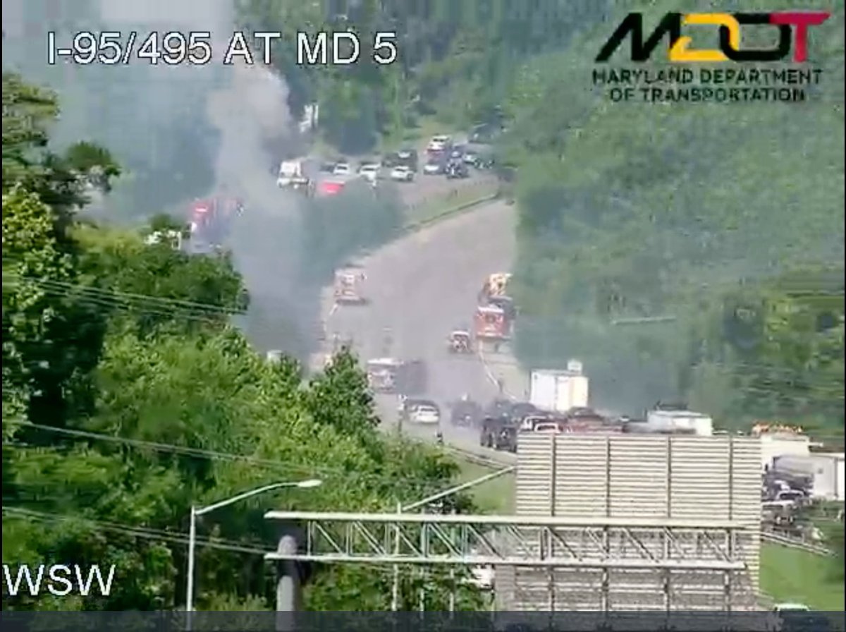 TRACTOR TRAILER ON FIRE: Innerloop I-495 after Branch Ave (MD 5)-- The innerloop of the Capital Beltway is shutdown at Branch Ave due to a tractor trailer that has caught on fire after a collision. 4 people are being evaluated for injuries, one has serious injuries. #MDTraffic