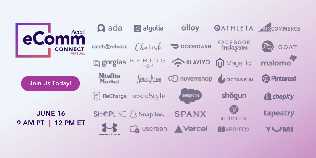 Accel's tweet photo. Today is the day! We have nearly 2,000 people registered for #eCommConnect2021.
Join us virtually at 9am PT to hear from #eCommerce experts at @Ada_cx, @Algolia,@Facebook, @Shogun, @Shopify, @SPANX & more!
Not registered? Grab a free ticket โก๏ธ https://t.co/UTEfiDH9QT https://t.co/MXJm18R4IH