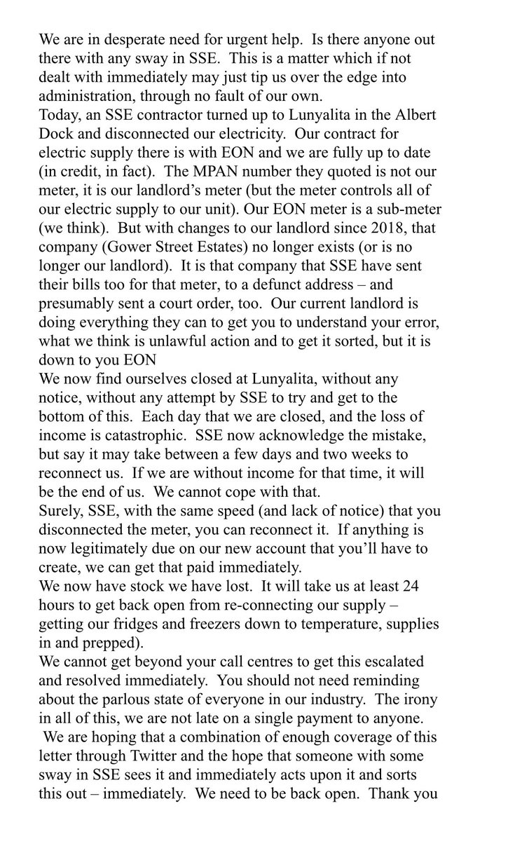 Lunya's tweet image. Twitter, we have never needed your help as much as now. @lunyalita had its  electric cut off today by @SSE. We don’t owe anyone a penny &amp;amp; our electric is supplied by EON. The attached explains all. We need this RTing until someone in @sse @yoursse  with authority sees it &amp;amp; acts