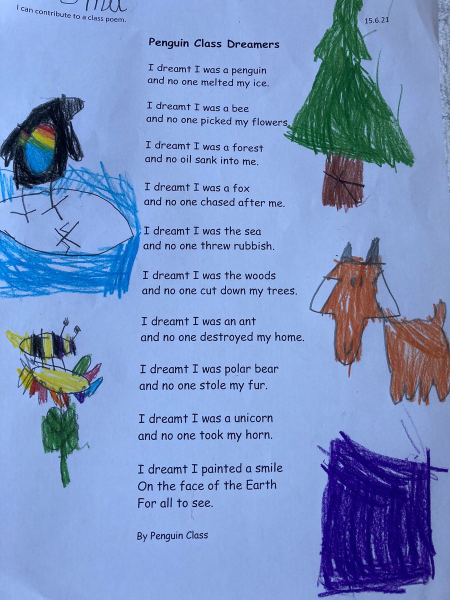penguinsclass's tweet photo. Here is our finished class poem inspired by Dreamer by @moses_brian. So many good ideas we had to edit them down. Then beautifully illustrated today @Hertfordinf #WeAreTheWorld https://t.co/iLhtL1qLTi