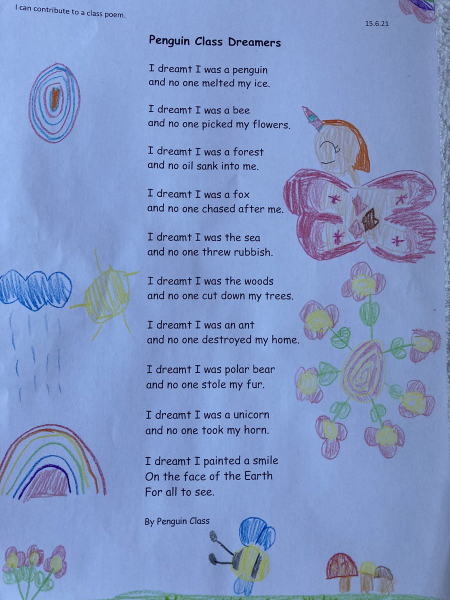 penguinsclass's tweet photo. Here is our finished class poem inspired by Dreamer by @moses_brian. So many good ideas we had to edit them down. Then beautifully illustrated today @Hertfordinf #WeAreTheWorld https://t.co/iLhtL1qLTi