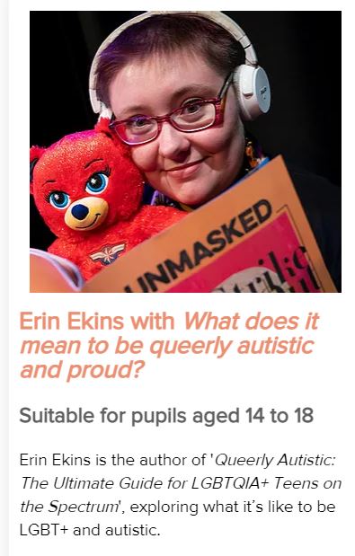 JKPAutism's tweet photo. It's the brilliant @QueerlyAutistic leading a School Diversity Week Masterclass, all about being #LGBTQIA+ and #Autistic!
Suitable for ages 14-18, book your spot here https://t.co/7UjRO4lmxn
#QueerlyAutistic #Pride #Masterclass #JustLikeUs @JustLikeUsUK https://t.co/APDXVs3HRE