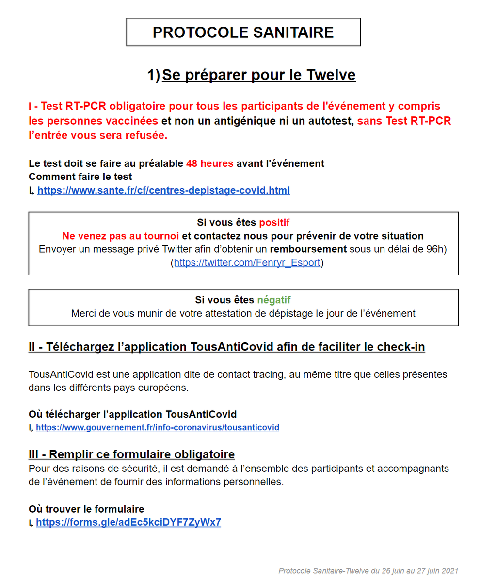 Fenryr_Esport's tweet photo. ⚕️ TWELVE - PROTOCOLE SANITAIRE ⚕️

📝 Merci d'en prendre connaissance : https://t.co/gJLG5f4kmH

⚠️ FORMULAIRE À REMPLIR OBLIGATOIREMENT : https://t.co/tBbav28F1z

📅 Vous avez jusqu'au 23 Juin 21h (mercredi) pour faire vos demandes de remboursements en DM

RT 🔁 / FAV 💖 https://t.co/dgDNRiI85R