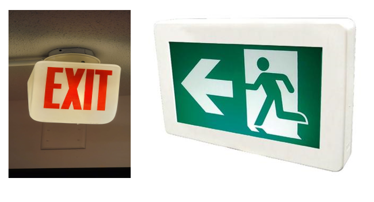 Wow, we haven't seen these antique red exits in a while and they need to be up to code! Green Running Man exists are easier to see, indicate which direction to go, and use almost no power running 24 hours a day so they are a great way to reduce energy costs for your building!