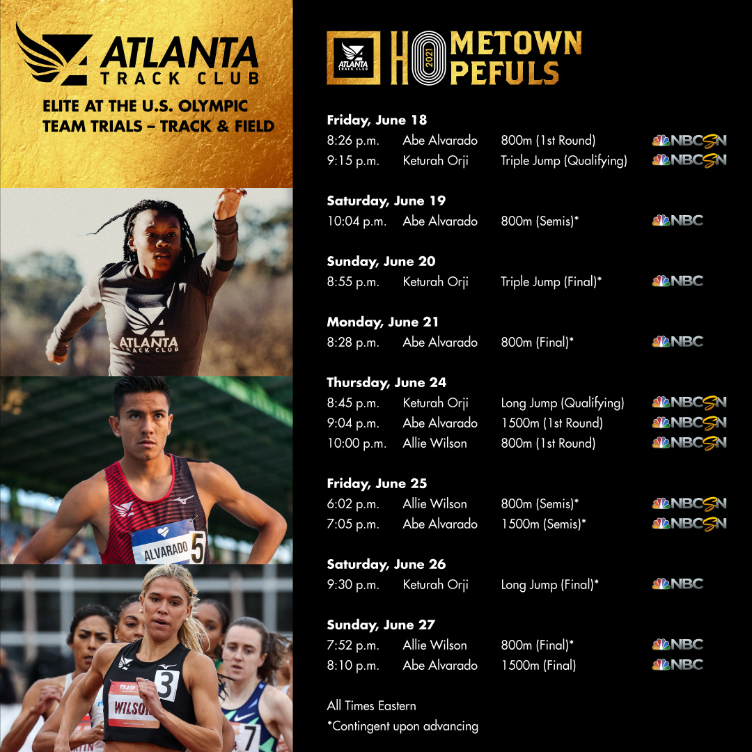 Four <a href="/ATLtcElite/">Atlanta Track Club Elite</a> athletes will chase their Olympic dreams at the U.S. Olympic Team Trials - T&amp;F in Eugene, OR and the U.S. Paralympic Team Trials - T&amp;F in Minneapolis, MN.

Here's how to follow <a href="/Keturahorji/">Keturah Orji</a>, <a href="/allieOcho/">Allie Wilson</a>, <a href="/abe800m/">Abraham Alvarado</a> and @wallace_jarryd.

🔗atlantatrackclubelite.org