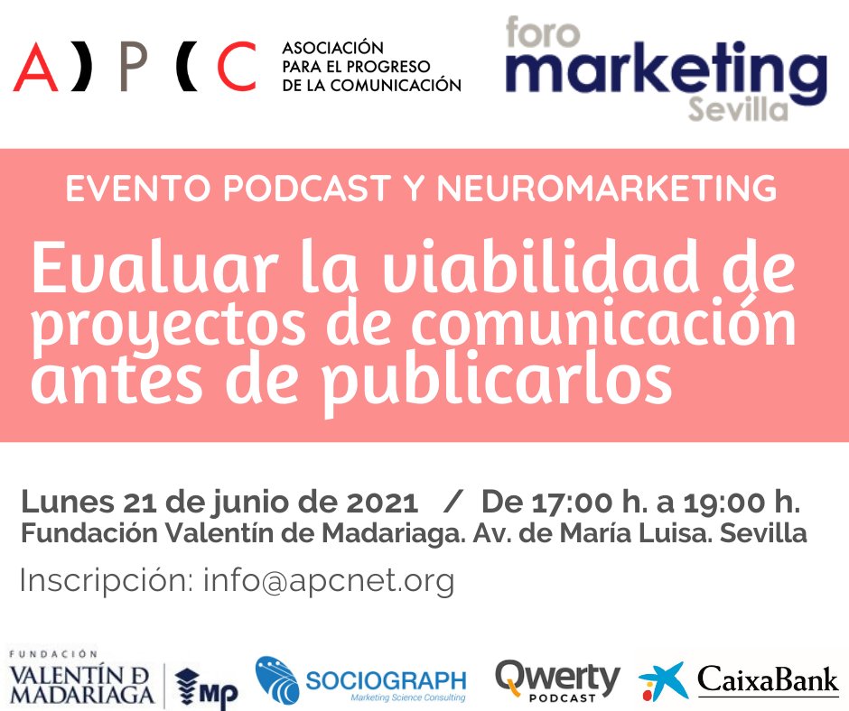 apcnet's tweet photo. 💥Innovadora e interesante #ActividadAPC, junto a @FMKTSevilla, sobre #podcast y #neuromarketing el próximo lunes 21. 

➡️Será una sesión práctica para descubrir una metodología de recogida y análisis de emociones para conocer la viabilidad de proyectos de #comunicación de audio. https://t.co/1uJGkD2E5h