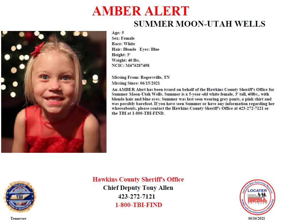 #TNAMBERAlert: New information and growing concern about the well-being of Summer Wells has us now issuing a statewide AMBER Alert. She is 3’ tall, 40 lbs., w/blonde hair and blue eyes, and was last seen wearing grey pants and a pink shirt. Call 1-800-TBI-FIND!