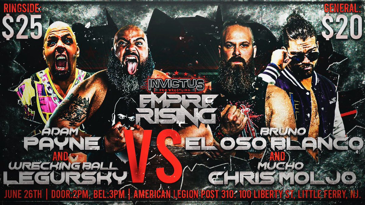 INVICTUSProWre1's tweet photo. ๐จEMPIRE RISING UPDATE:๐จ
@bigtroubleBB is out, but another 7 foot monster will take his place. @ElOsoBlancoNj makes his Invictus debut on 6/26!!!
Ringside SOLD OUT; GA tickets still available! https://t.co/Gf3WJrjWyF https://t.co/k508d1iUkB