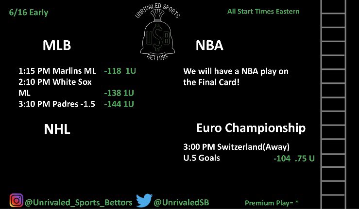UnrivaledSB's tweet photo. June 16th Early Card! MLB picks and Euro Championship pick to start the day! Lets keep lighting up our bet-slips green!! Please refer to the Units Pinned Tweet if you have any questions on Units! #GamblingTwitter #UnrivaledSportsBettors https://t.co/eIJJT965kS