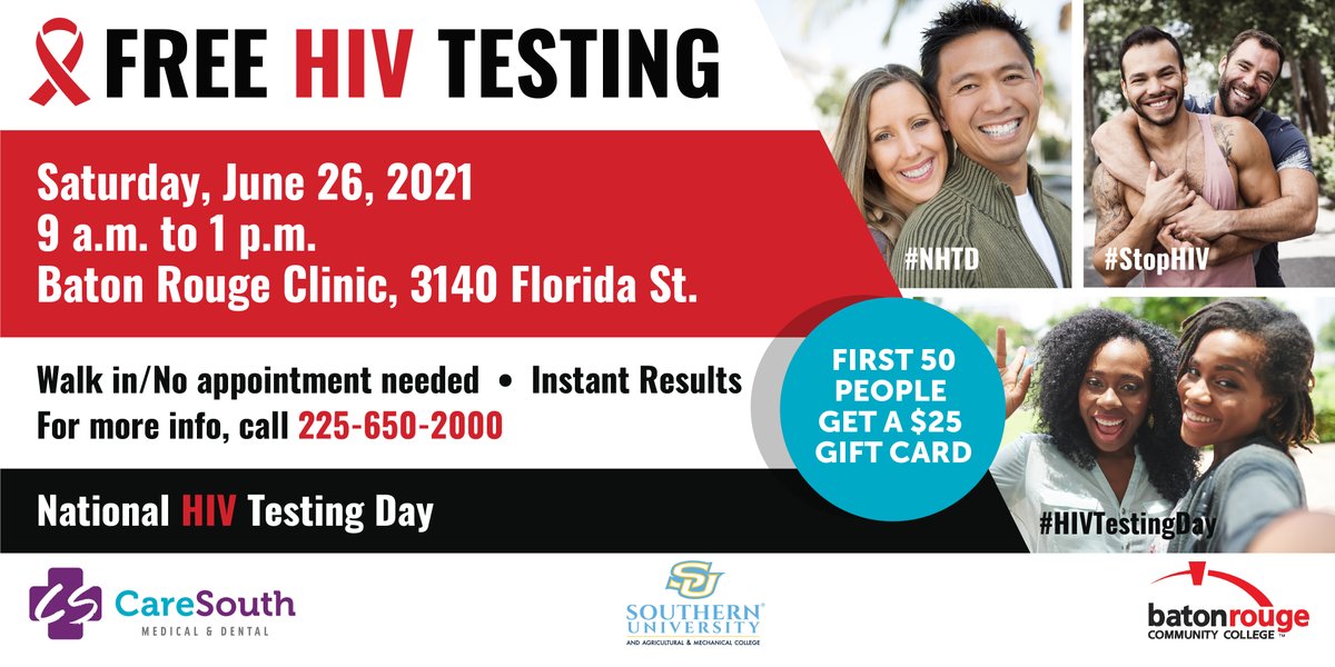 NATIONAL HIV TESTING DAY -- Free HIV testing on June 26, 2021 from 9 a.m. to 1 p.m.  at our Baton Rouge Clinic, 3140 Florida St. The first 50 people get a $25 gift card. #NHTD #StopHIV