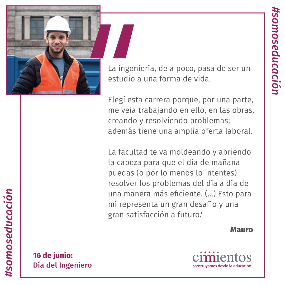 Cimientos's tweet photo. Mauro es uno de los 93 jóvenes que acompañamos en la diversidad que ofrece el campo de la ingeniería. En el #DíaDelIngeniero compartimos su experiencia y la felicidad de que sea parte. Él es #IngenieroCivil y participó del Programa Becas Universitarias de @Panedile. ¡Feliz día! https://t.co/7ChoYVt30Y