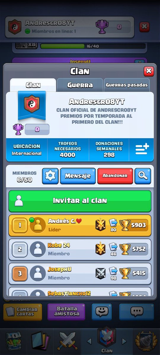 PARA LOS SUSCRIPTORES QUE SE QUIERAN UNIR A MI CLAN OFICIAL.

PREMIOS POR TEMPORADA,ASI QUE TODOS ATENTOS QUIENES ESTEN TENDRÁN PREFERENCIAS PARA LA PARTICIPACIÓN DE SORTEOS!!! APROVECHA!!!!🎖️🎖️🎖️

<a href="/GodLevel_/">GodLevel Gaming 🎄</a> <a href="/TsPorti08/">Porti だら</a>

link.clashroyale.com/invite/clan/es…